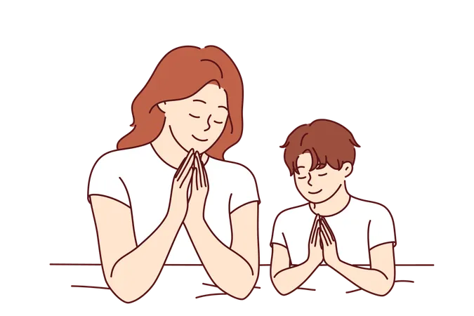 Mom prays with son before bed  일러스트레이션