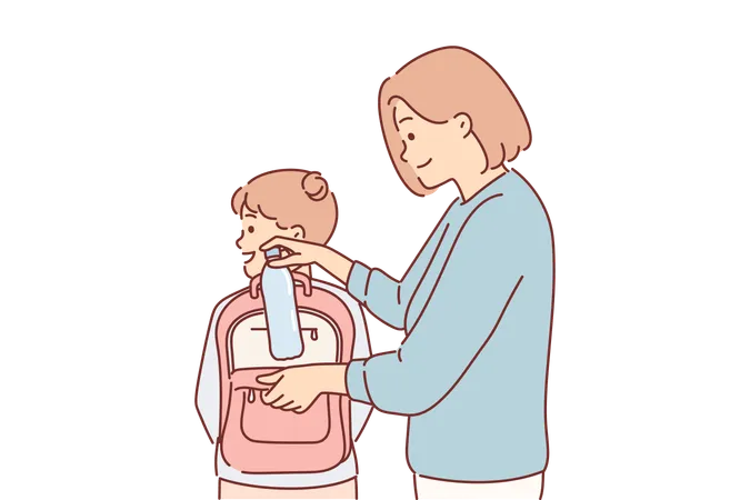Mom Puts Bottle Of Water In Daughter School Backpack Taking Care Of Child Leaving For Walk Or Study Happy Girl Rejoices At Start Of School Year And Opportunity To See Friends And Classmates Illustration