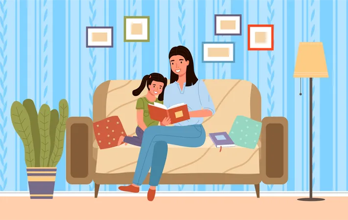 Mom Reading Tale And Teaching Little Daughter Mother Tells Bedtime Story To Child Woman With Book Reads To Kid Sitting On Her Lap Parent Takes Care Of Baby Family Spends Time With Book Together Illustration