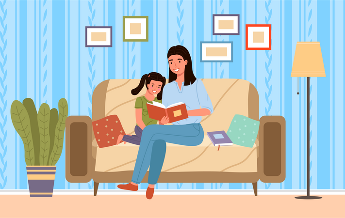 Mom reading tale to little daughter  Illustration