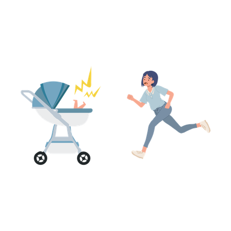 Mom Running to Crying Baby in Stroller  Illustration