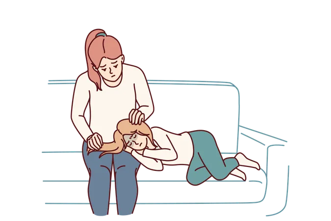Mom Takes Care Of Sick Daughter Lying On Knees And In Need Of Medicine For Flu Or Cold Mom Strokes Head Of Child Who Has Contracted Infectious Virus Due To Sharp Change In Weather Illustration