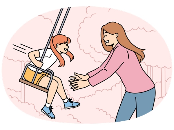 Mom takes daughter on swing in park and enjoys relaxing with child in fresh air  Illustration