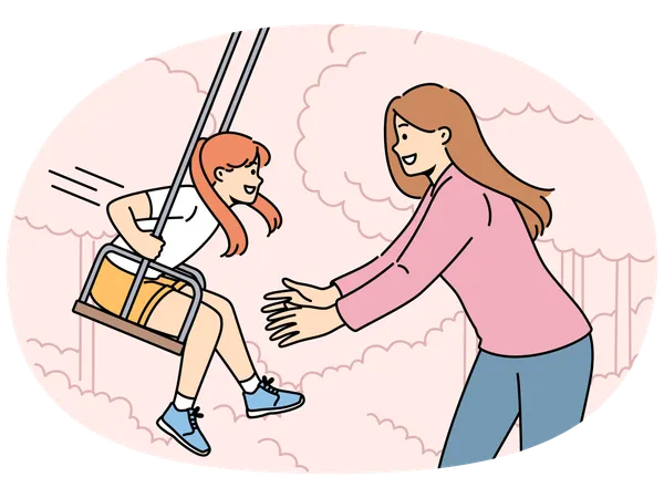 Mom takes daughter on swing in park and enjoys relaxing with child in fresh air  Illustration