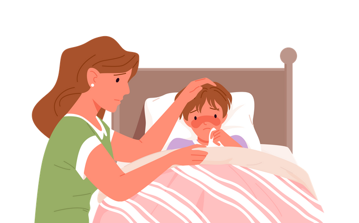 Mom Taking Care Of Sick Kid  Illustration