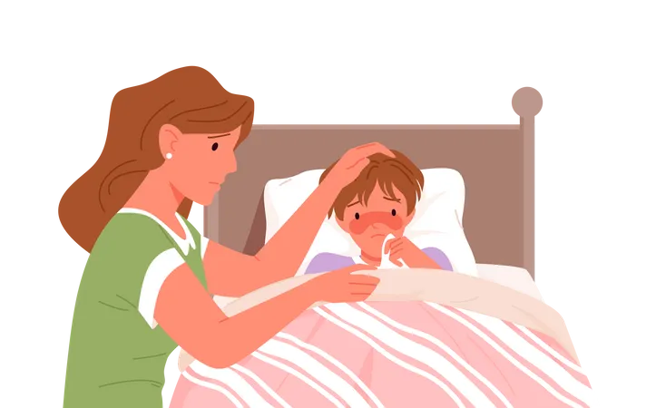 Mom Taking Care Of Sick Kid  Illustration