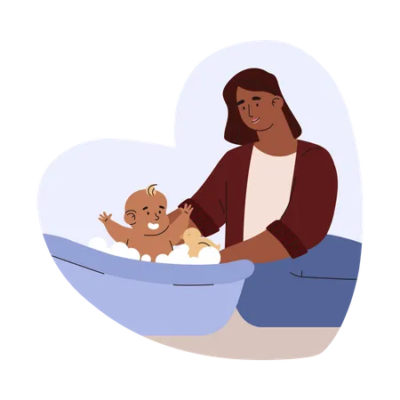 Mom washes the baby in the a bubble bath  Illustration