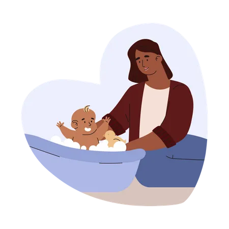 Dark Skinned Mom Washes The Baby In The A Bubble Bath Vector Hand Drawn Illustration In Cartoon Flat Style Isolated On White Background Cute Disproportionate Character Of Baby Care Concept Illustration