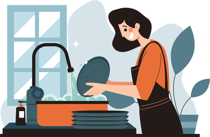 Mom washing water with lot of water  Illustration