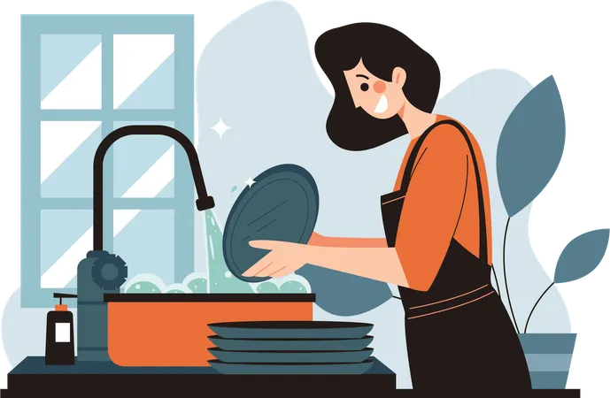 Mom washing water with lot of water  Illustration