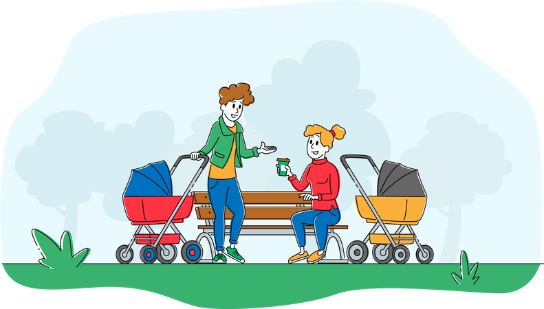 Mom with Baby Stroller Meeting Friends Illustration