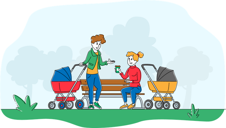 Mom with Baby Stroller Meeting Friends  Illustration