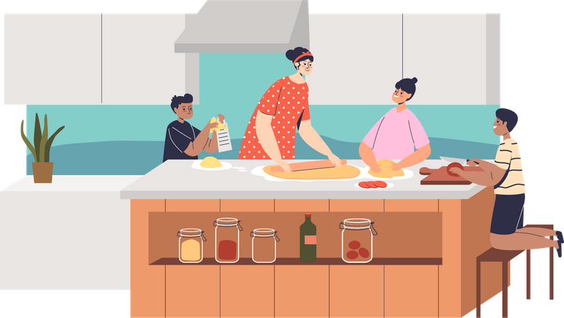 Mom with children preparing pizza  Illustration