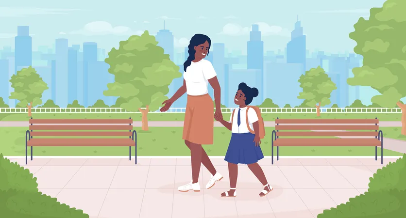 Picking Up Child After School Day Flat Color Vector Illustration Mom With Female First Grader In School Uniform Fully Editable 2 D Simple Cartoon Characters With Park And Cityscape On Background Illustration