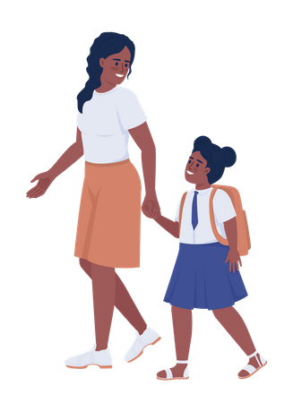 Mom with female first grader in school uniform  Illustration