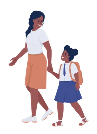 Mom with female first grader in school uniform  Illustration