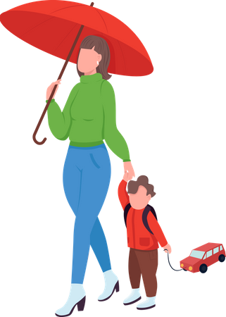 Mom with kid on rain walk Illustration