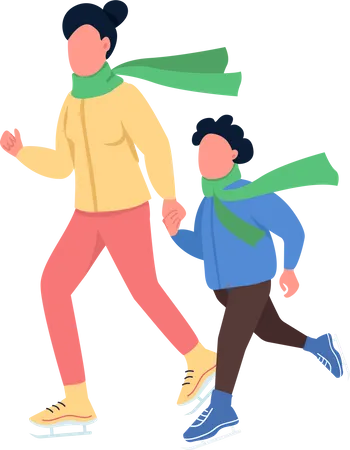 Mom With Kid Skating Semi Flat Color Vector Characters Active Figures Full Body People On White Recreation Isolated Modern Cartoon Style Illustration For Graphic Design And Animation Illustration
