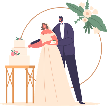 Momento alegre mientras los personajes recién casados comparten una ceremonia de corte de pastel  Ilustración
