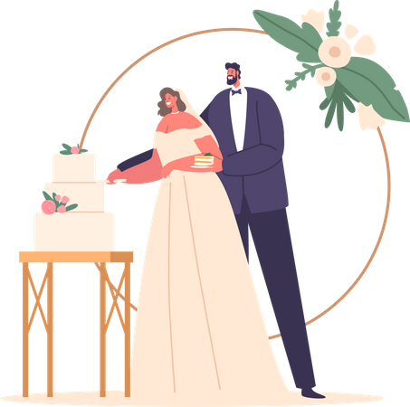 Momento de alegria enquanto personagens recém-casados compartilham uma cerimônia de corte de bolo  Ilustração
