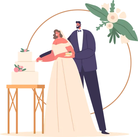Momento de alegria enquanto personagens recém-casados compartilham uma cerimônia de corte de bolo  Ilustração
