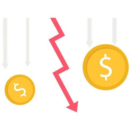 Moneda de criptomoneda y flecha roja bajando  Ilustración