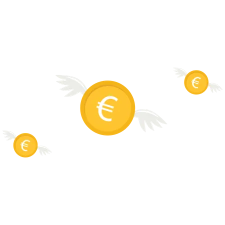 La moneda de euro vuela en el cielo  Ilustración