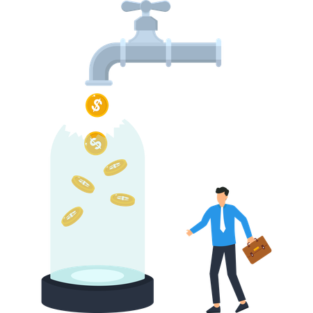 Monedas saliendo del grifo sobre un cristal roto. Hombre de negocios con maletín.  Ilustración