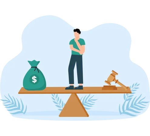 Money bag balanced to justice gave on Penalty scales  Illustration