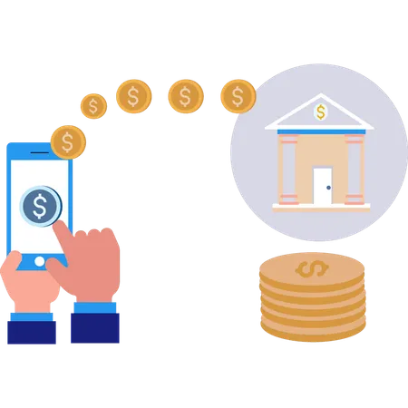 Money Being Transferred From Bank To Mobile Phone  Illustration