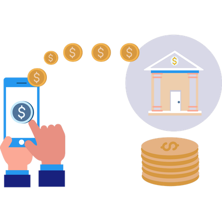 Money Being Transferred From Bank To Mobile Phone  Illustration