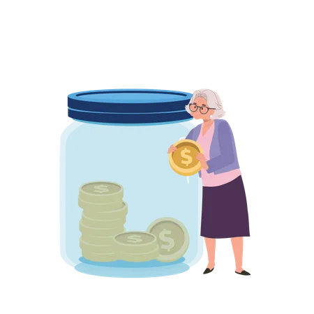 Money Collection And Financial Planning Concept Happy Elderly Woman Holding Big Coin For Savings In Jar Illustration