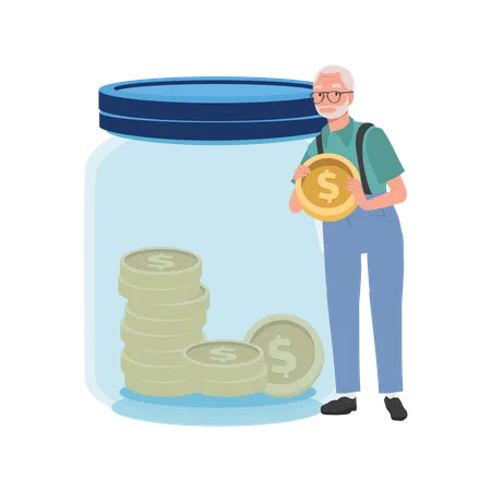 Money Collection And Financial Planning Concept Happy Elderly Man Holding Big Coin For Savings In Jar Illustration