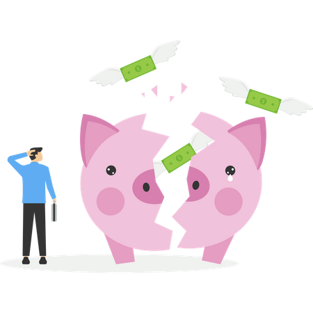 Money flew out of broken piggy bank  Illustration