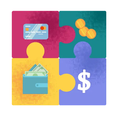 Money Forms Evolution from Golden Coins to Digital Capital Flat Vector Concept with Four Puzzle Pieces with Bank Credit Card, Golden Coins, Dollar Bills in Wallet Connected Together  Illustration