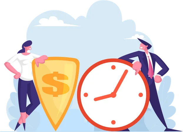 Money Protection Concept Financial Saving Insurance Safe Business Economy Businessman Leaning On Huge Clock Businesswoman Holding Golden Shield With Dollar Sign Cartoon Flat Vector Illustration Illustration