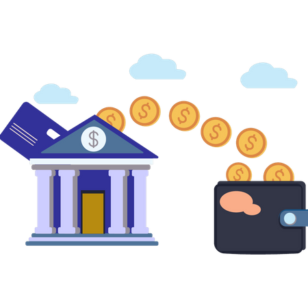 Money is withdrawn from the bank  Illustration