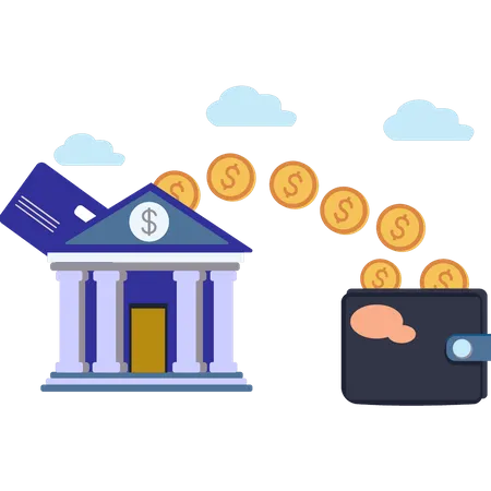 Money is withdrawn from the bank  Illustration