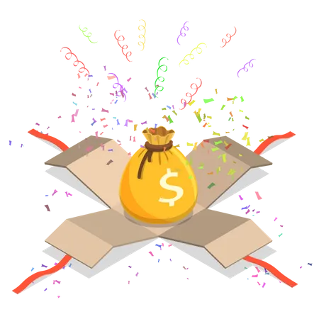 Money Bag Flat Isometric Vector Concept Money Bag And Confetti Have Appeared From The Gift Box With Ribbon Illustration