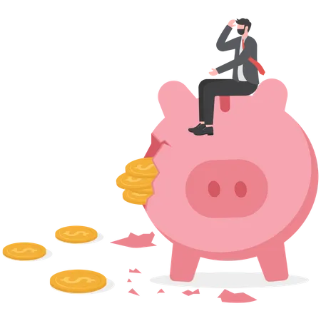 Money Loss From Investment Failure Bad Habit Problem In Personal Finance Debt Crisis Or Inflation Money Reduction Concept Depress Sadness Broken Pink Piggy Bank With Money Dollar Coins Pouring Out Illustration