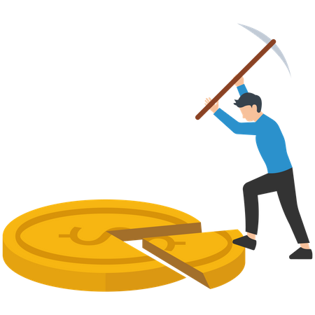 Money management, financial planning or wealth management or investment portfolio, paying for tax, loan or debt, inflation concept, businessman using pizza cutter to split golden dollar money coin.  Illustration