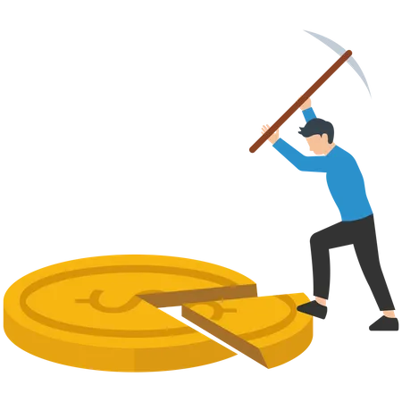 Money management, financial planning or wealth management or investment portfolio, paying for tax, loan or debt, inflation concept, businessman using pizza cutter to split golden dollar money coin.  Illustration