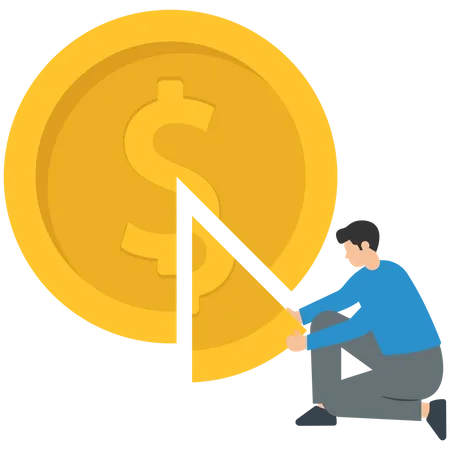 Money management, financial planning or wealth management or investment portfolio, paying for tax, loan or debt, inflation concept, businessman using pizza cutter to split golden dollar money coin. Illustration