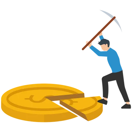 Money management, financial planning or wealth management or investment portfolio, paying for tax, loan or debt, inflation concept, businessman using pizza cutter to split golden dollar money coin. Illustration