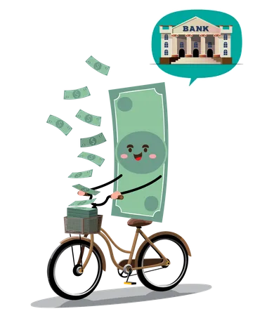 Money note riding bicycle towards bank Illustration