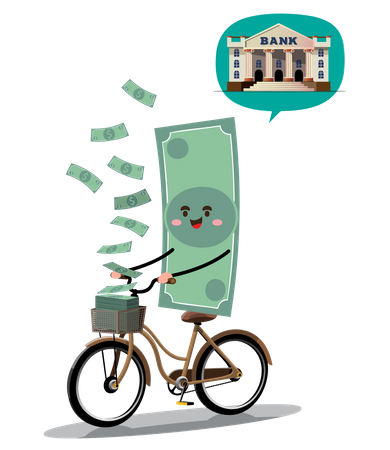 Money note riding bicycle towards bank  Illustration