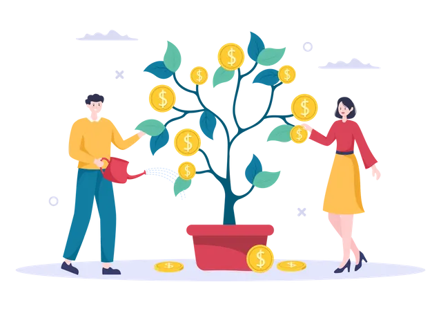 Money Tree Of Financial Business Investment Profit Flat Design Vector Illustration With Dollar Banknotes And Golden Coins For Poster Or Background Illustration