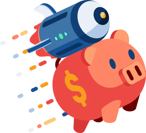 Flat 3 D Isometric Piggy Bank With Rocket Flying Up Money Saving And Interest Rate Growth Concept Illustration