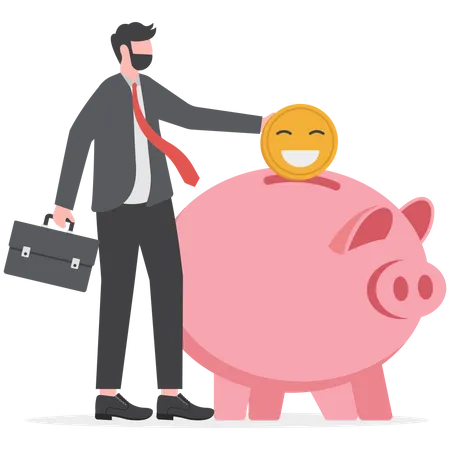 Money To Buy Happiness Saving For Happy Retirement Or Pay For Happy Lifestyle Concept Hand Holding Golden Shiny Coin With Happy Smiling Face Put In Pink Piggy Bank Illustration