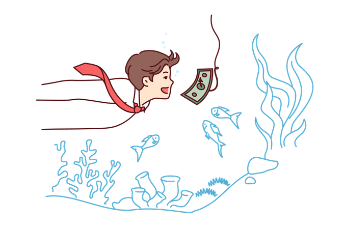 Money trap in front of business man swimming underwater with banknote on fishing rod hook  イラスト